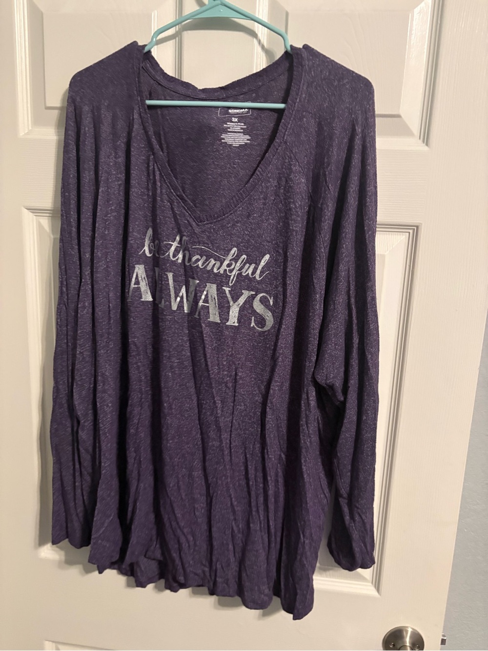 332- Sonoma Purple Long Sleeve Tee with Silver 'Be Thankful Always' Graphic
